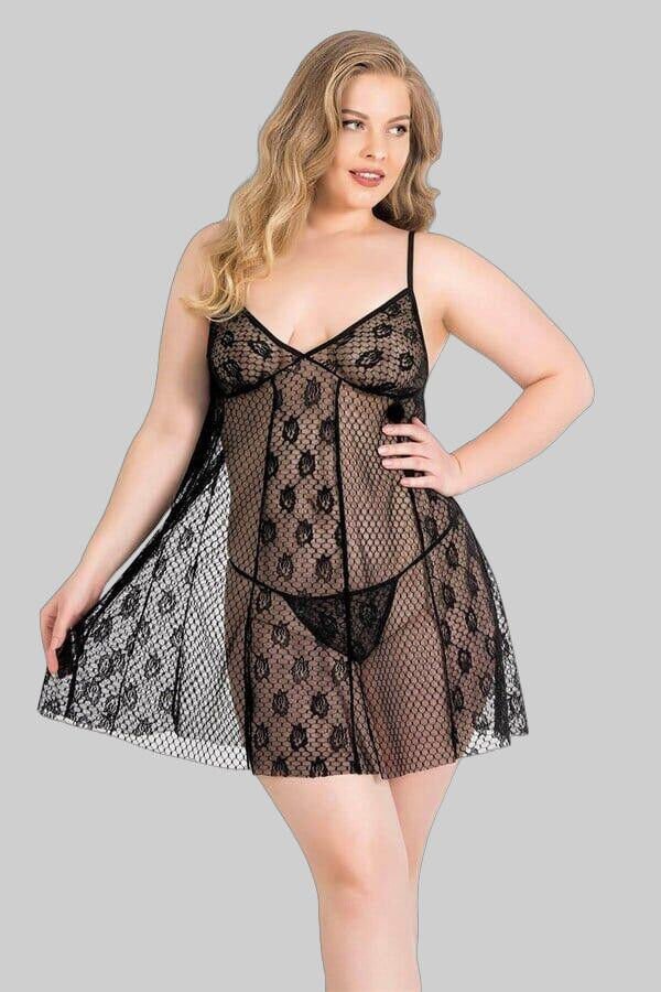 Arias Closet Büyük Beden Siyah Kısa Tül Gecelik