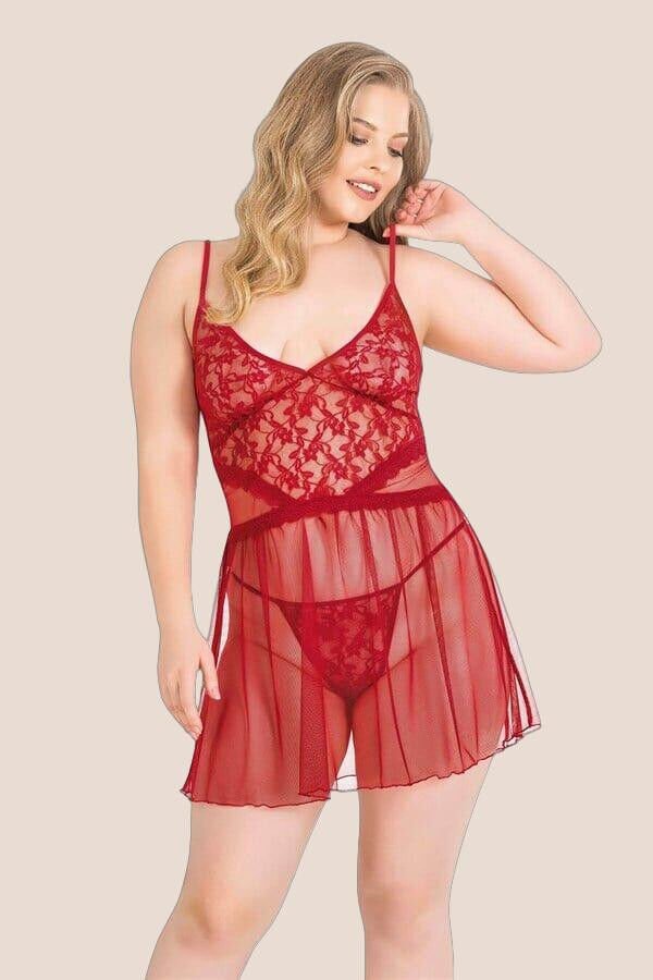 Büyük Beden Kırmızı Kısa Tül Gecelik