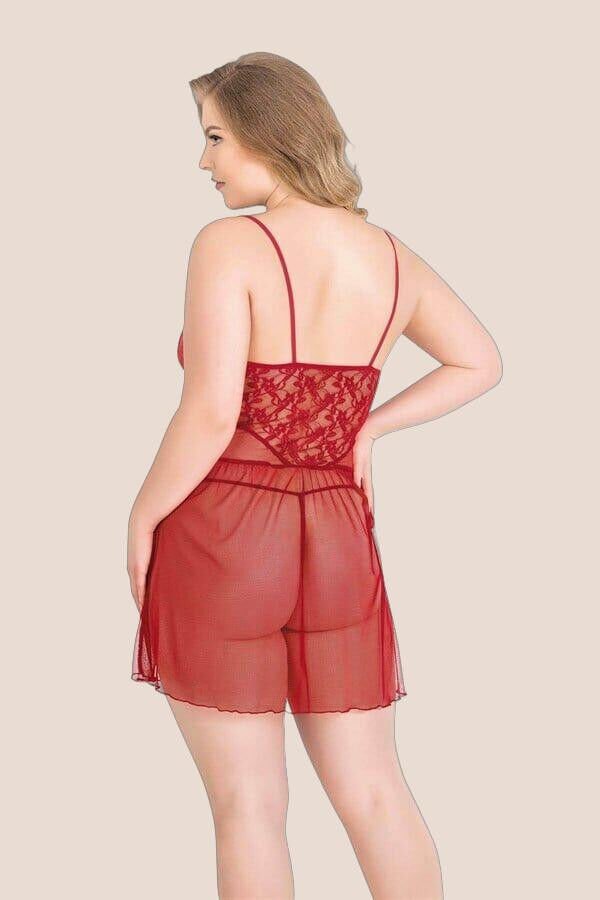 Büyük Beden Kırmızı Kısa Tül Gecelik