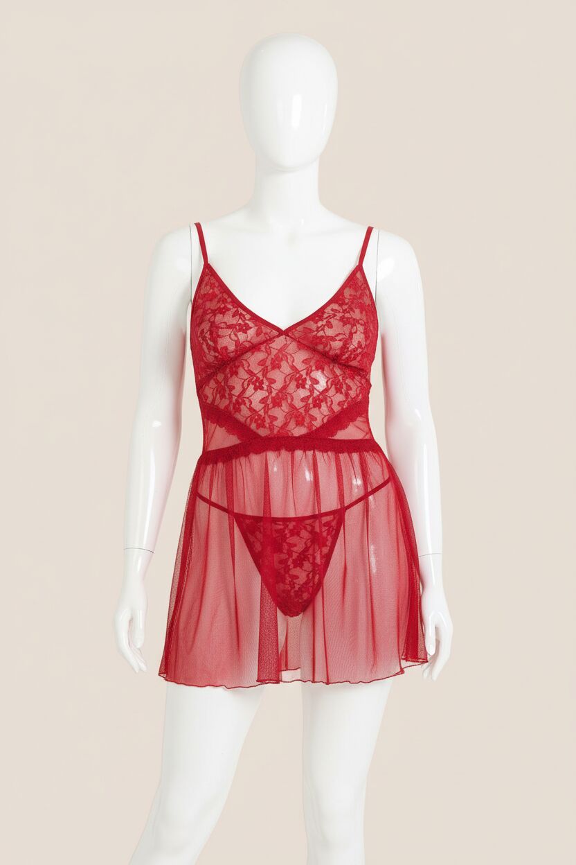 Büyük Beden Kırmızı Kısa Tül Gecelik