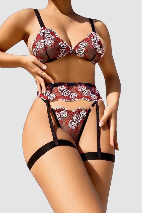 Arias Closet Fantezi Bacak Bantlı Çiçek Desenli Sütyen Külot Takım