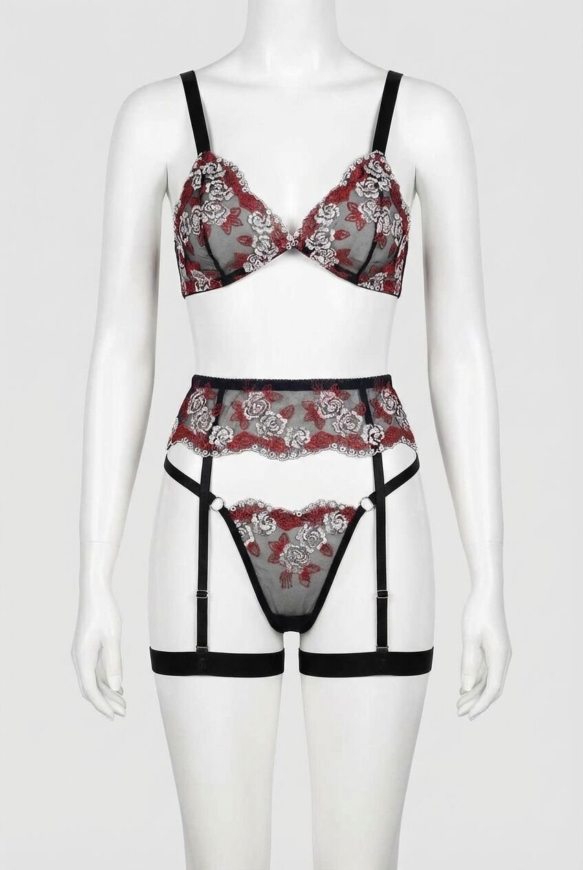 Fantezi Bacak Bantlı Çiçek Desenli Sütyen Külot Takım
