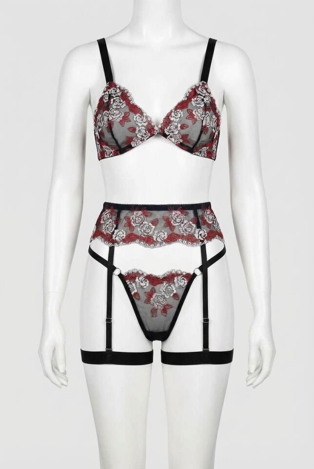 Fantezi Bacak Bantlı Çiçek Desenli Sütyen Külot Takım