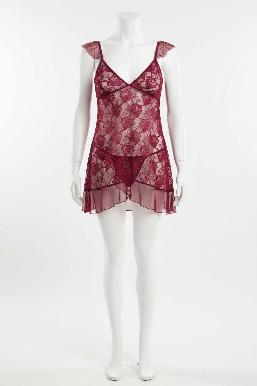 Büyük Beden Bordo Kısa Tül Gecelik