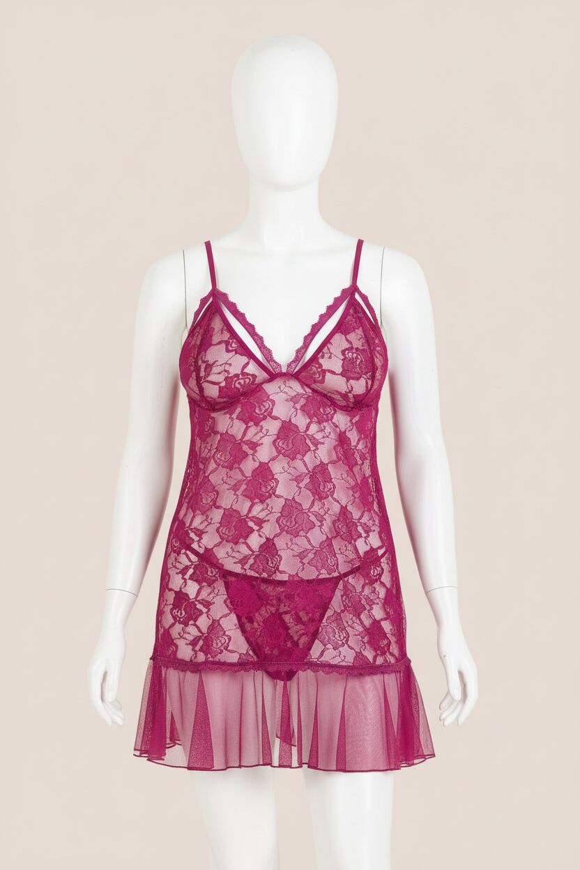 Büyük Beden Vişne Kısa Tül Gecelik