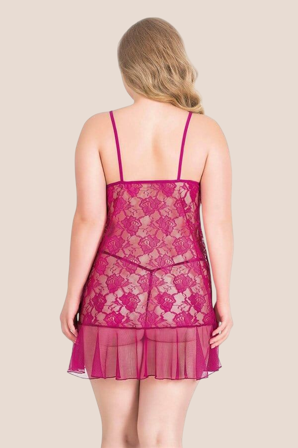 Büyük Beden Vişne Kısa Tül Gecelik