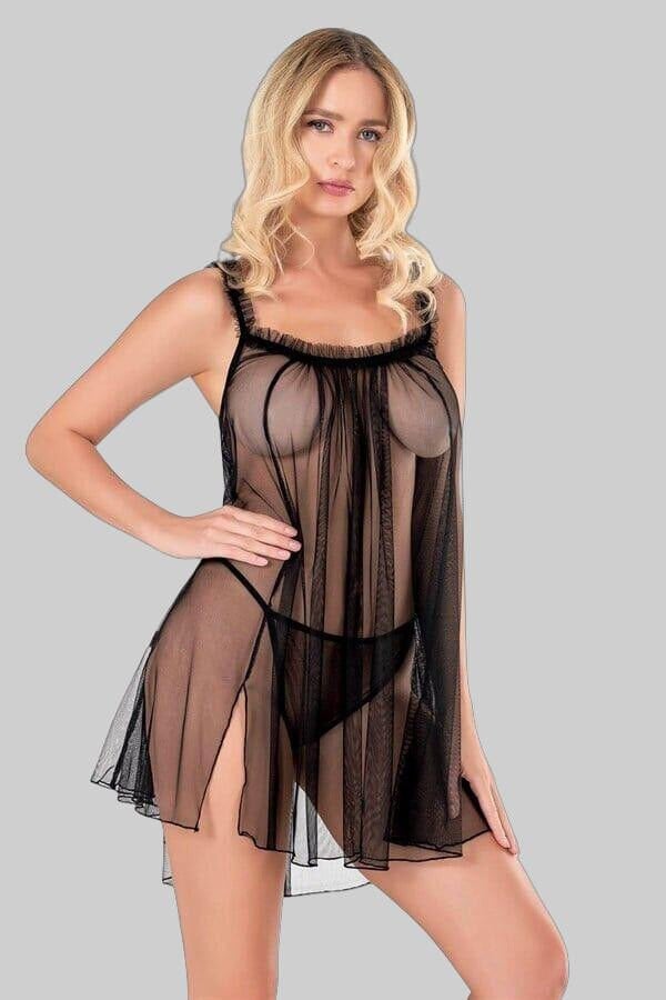 Arias Closet Siyah Kısa Tül Gecelik