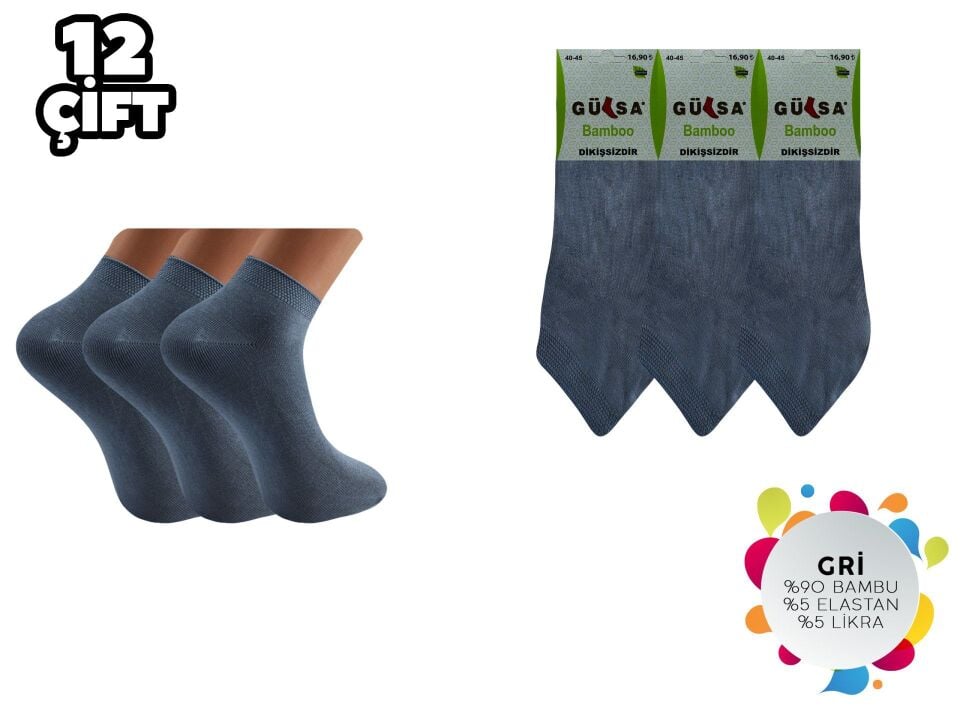 Gülsa Gri Dikişsiz Erkek Bambu Patik Çorap 12'li