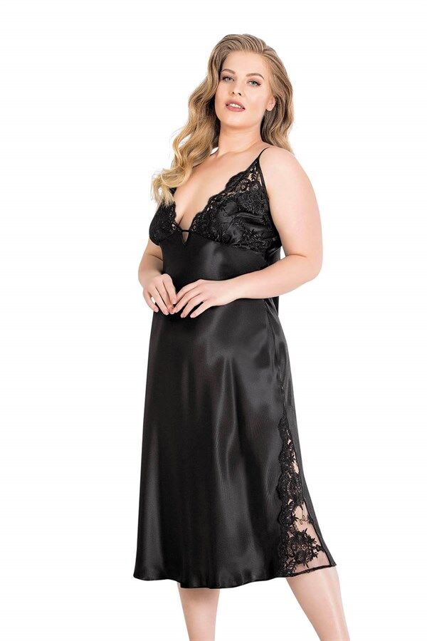 Aria's Closet Büyük Beden Siyah Uzun İkili Saten Sabahlık Gecelik Takımı