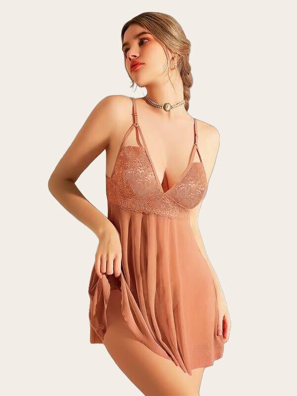 Arias Closet Dantel İşlemeli Tül Transparan Kahverengi Fantezi Gecelik