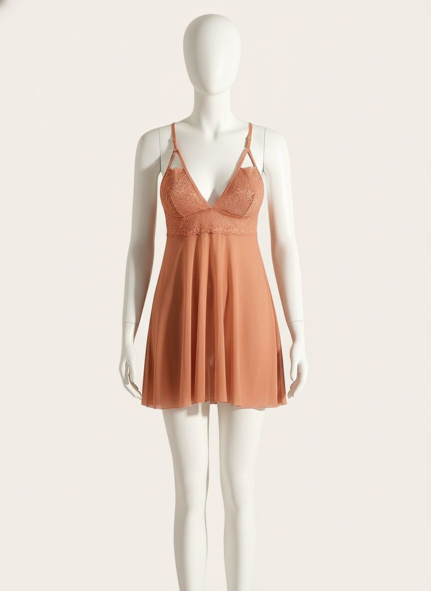 Dantel İşlemeli Tül Transparan Kahverengi Fantezi Gecelik