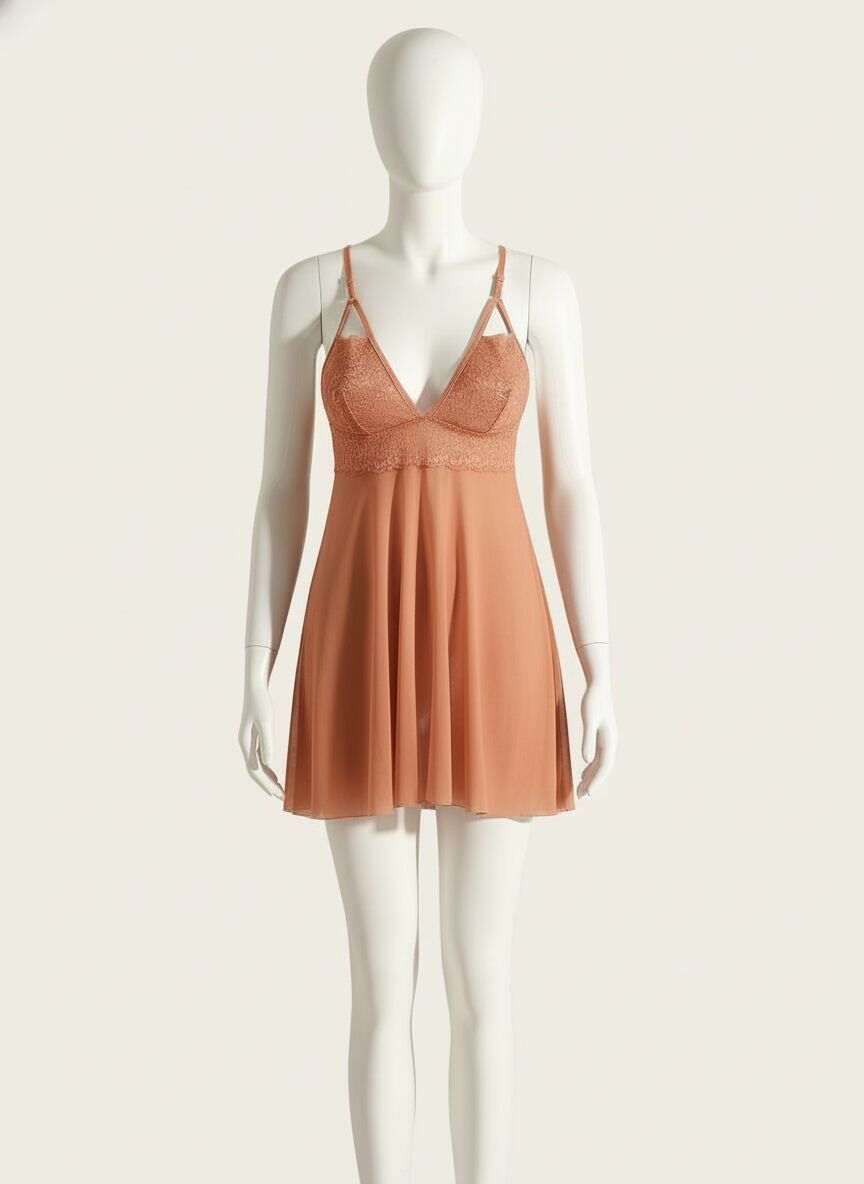 Arias Closet Dantel İşlemeli Tül Transparan Kahverengi Fantezi Gecelik