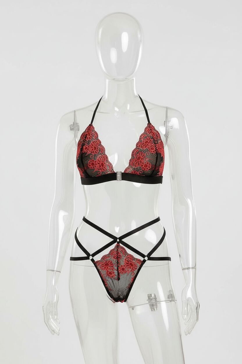 Arias Closet Fantezi Kırmızı Çiçekli Lastikli Sütyen Külot Takım