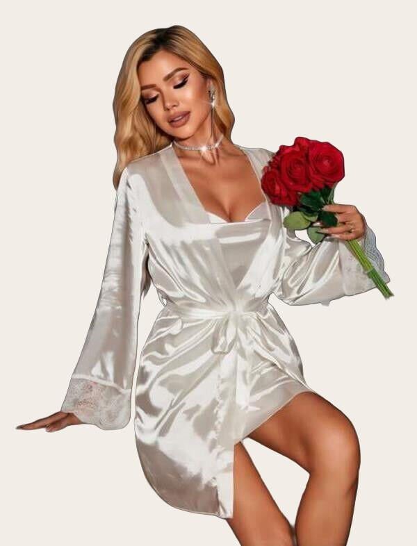 Dantel İşlemeli İnce Askılı Beyaz Saten 2'li Gecelik Sabahlık Takımı