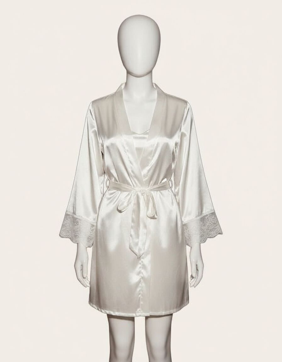 Dantel İşlemeli İnce Askılı Beyaz Saten 2'li Gecelik Sabahlık Takımı