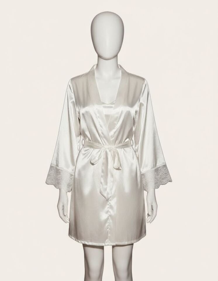 Arias Closet Dantel İşlemeli İnce Askılı Beyaz Saten 2'li Gecelik Sabahlık Takımı