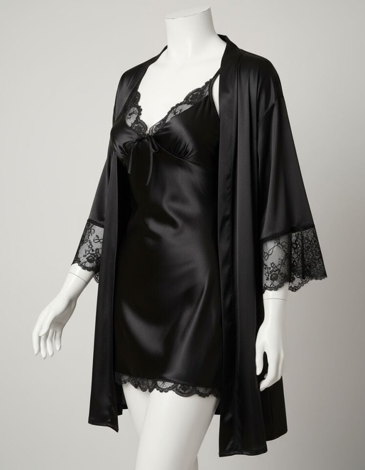 Arias Closet Siyah Dantel İşlemeli İnce Askılı Saten 2'li Gecelik Sabahlık Takımı