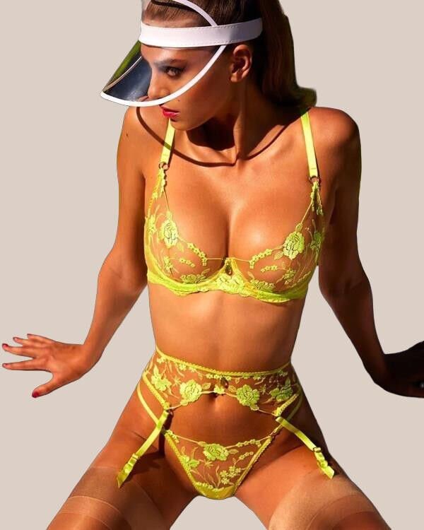 Sarı Çiçek Desenli Fosforlu Fantezi Jartiyer Takımı