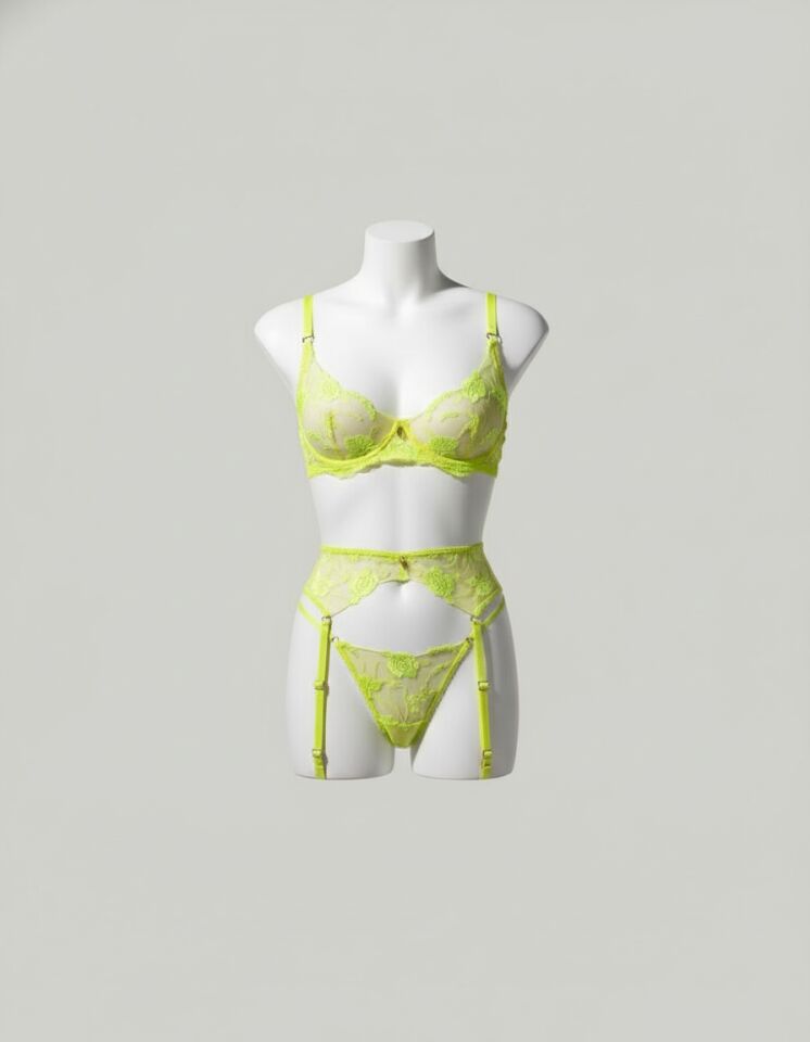 Sarı Çiçek Desenli Fosforlu Fantezi Jartiyer Takımı