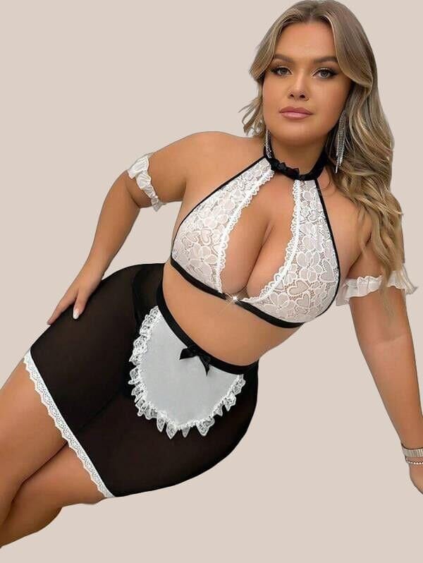 Özel Tasarım Büyük Beden Dantelli Fantezi Hizmetçi Kostümü