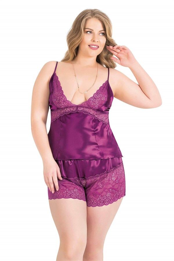 Arias Closet Büyük Beden Mor Saten Babydoll Şort Takımı
