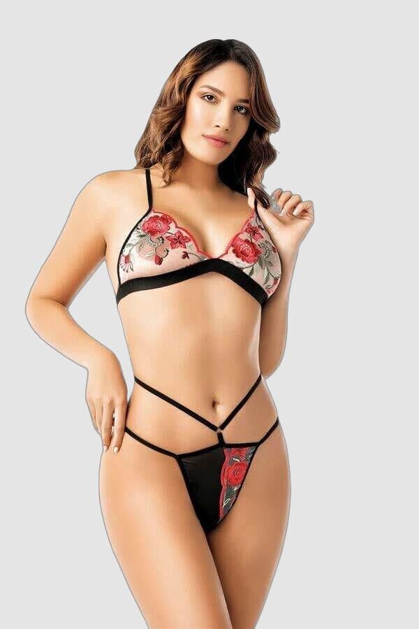 Arias Closet Nakış Detaylı Fantazi Sütyen Tanga String Takımı
