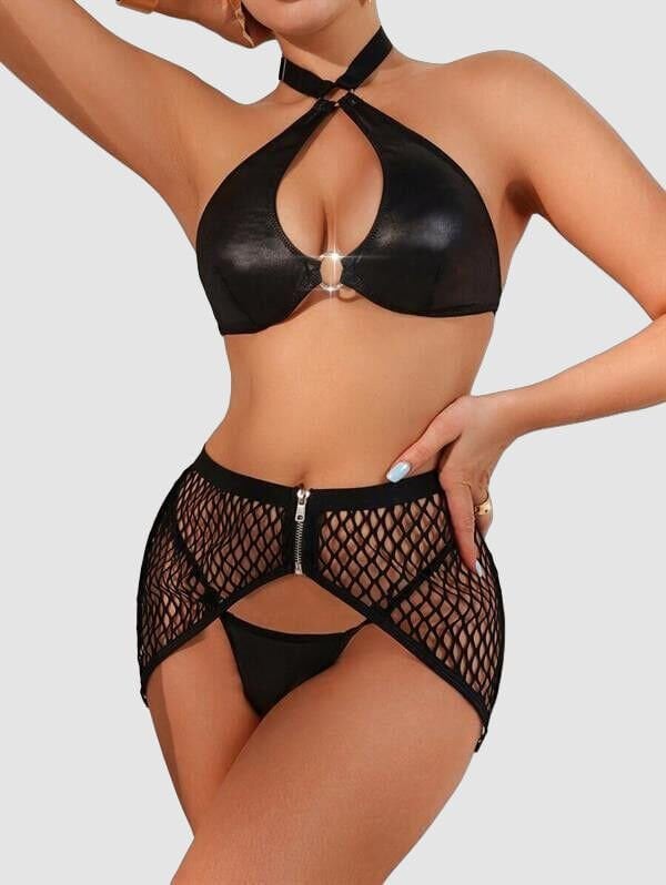 Arias Closet Deri Siyah Fileli Fantezi Sütyen Takımı