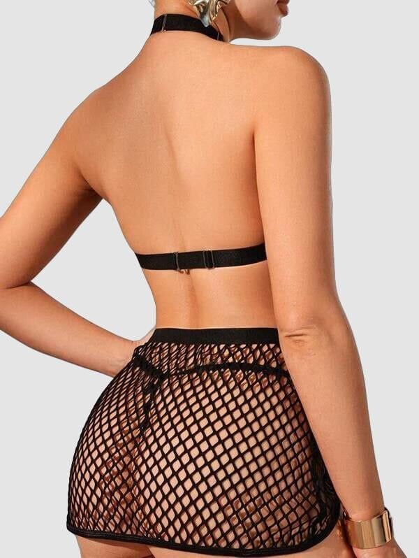 Arias Closet Deri Siyah Fileli Fantezi Sütyen Takımı