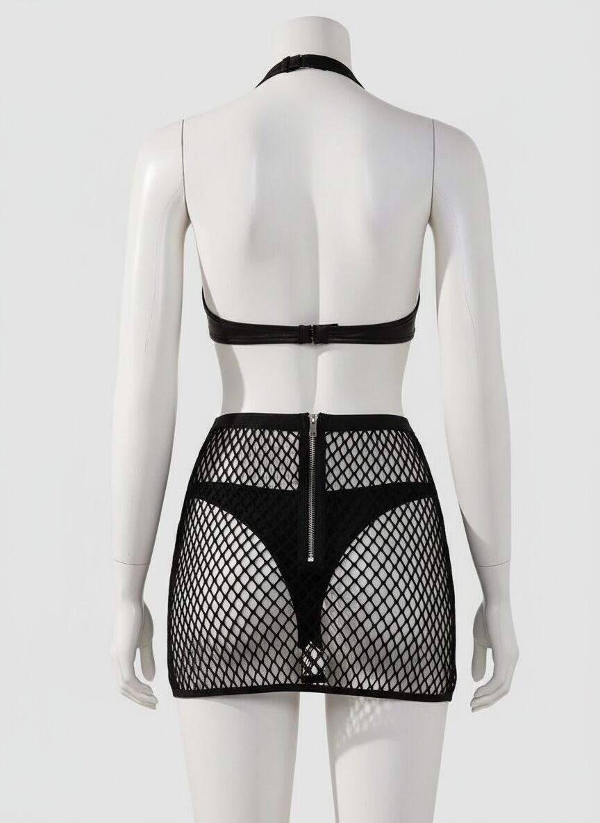 Arias Closet Deri Siyah Fileli Fantezi Sütyen Takımı