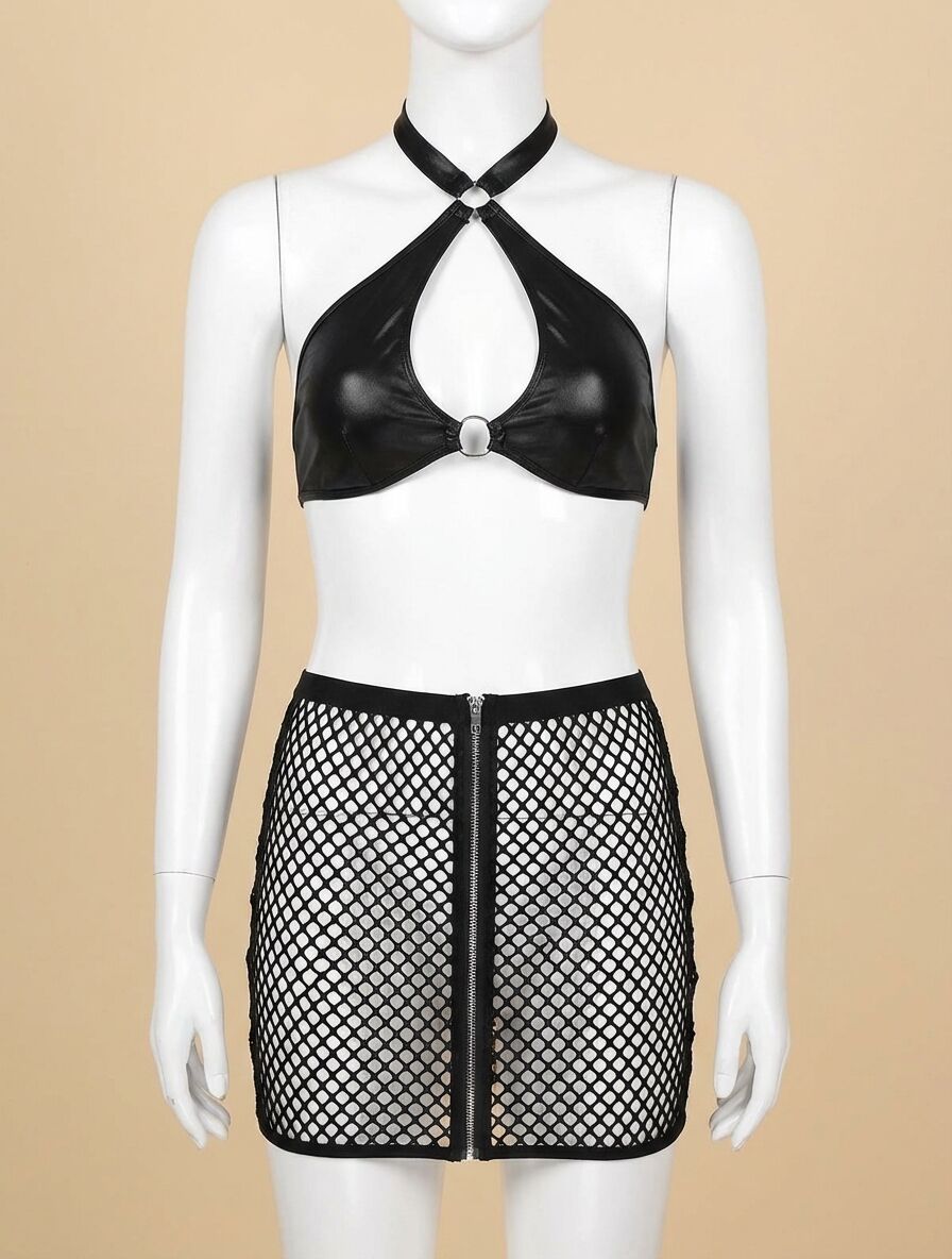 Deri Siyah Fileli Fantezi Sütyen Takımı