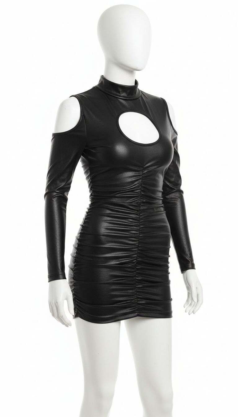 Siyah Göğüs Dekolteli Deri Fantezi Elbise