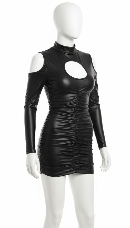 Arias Closet Siyah Göğüs Dekolteli Deri Fantezi Elbise