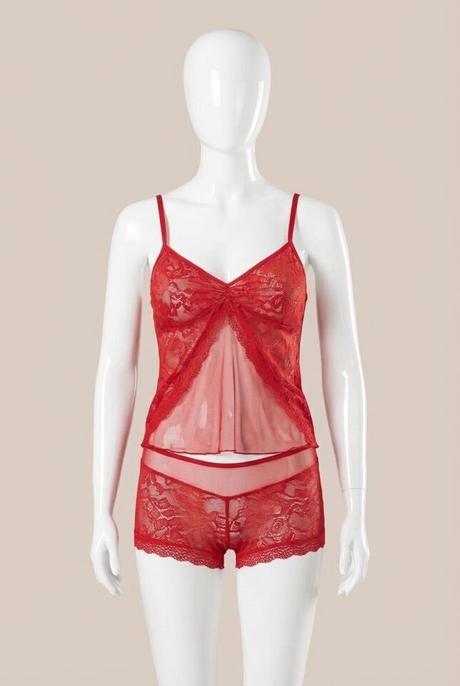 Arias Closet Kırmızı Jakarlı Babydoll Şort Takımı