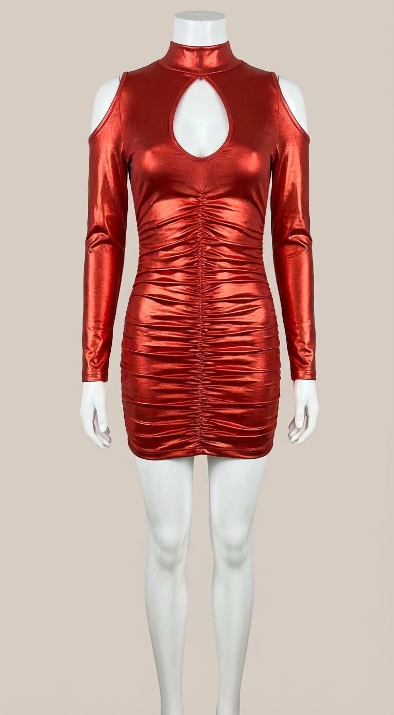 Kırmızı Göğüs Dekolteli Deri Fantezi Elbise