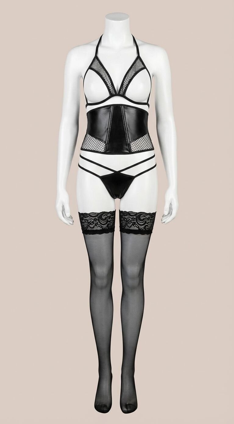 Siyah Fileli Göğüsü Açık Fantezi Deri Takım