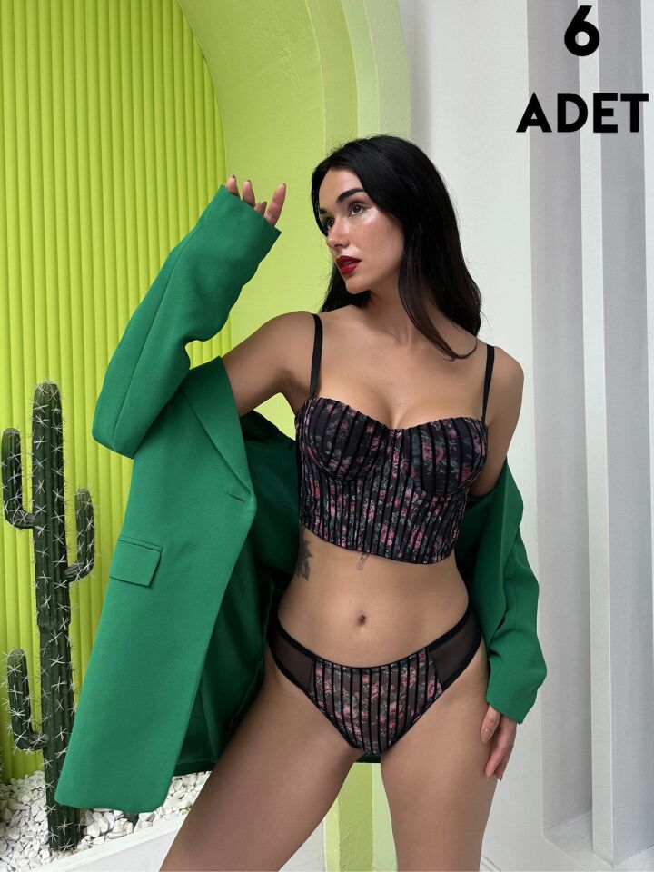 Cansoy 682 Siyah Simli Balenli Destekli Bustiyer Sütyen Takım 6'lı