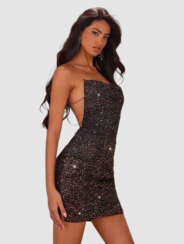 Sırt Zincir Dekolteli Seksi Mini Kadın Elbise