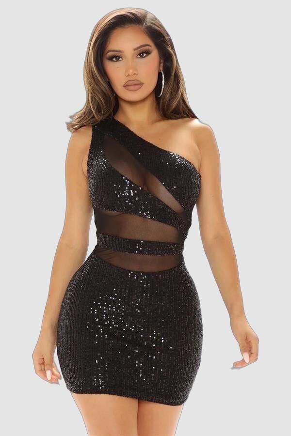 Pullu Transparan Detaylı Omuz Dekolteli Mini Seksi Elbise