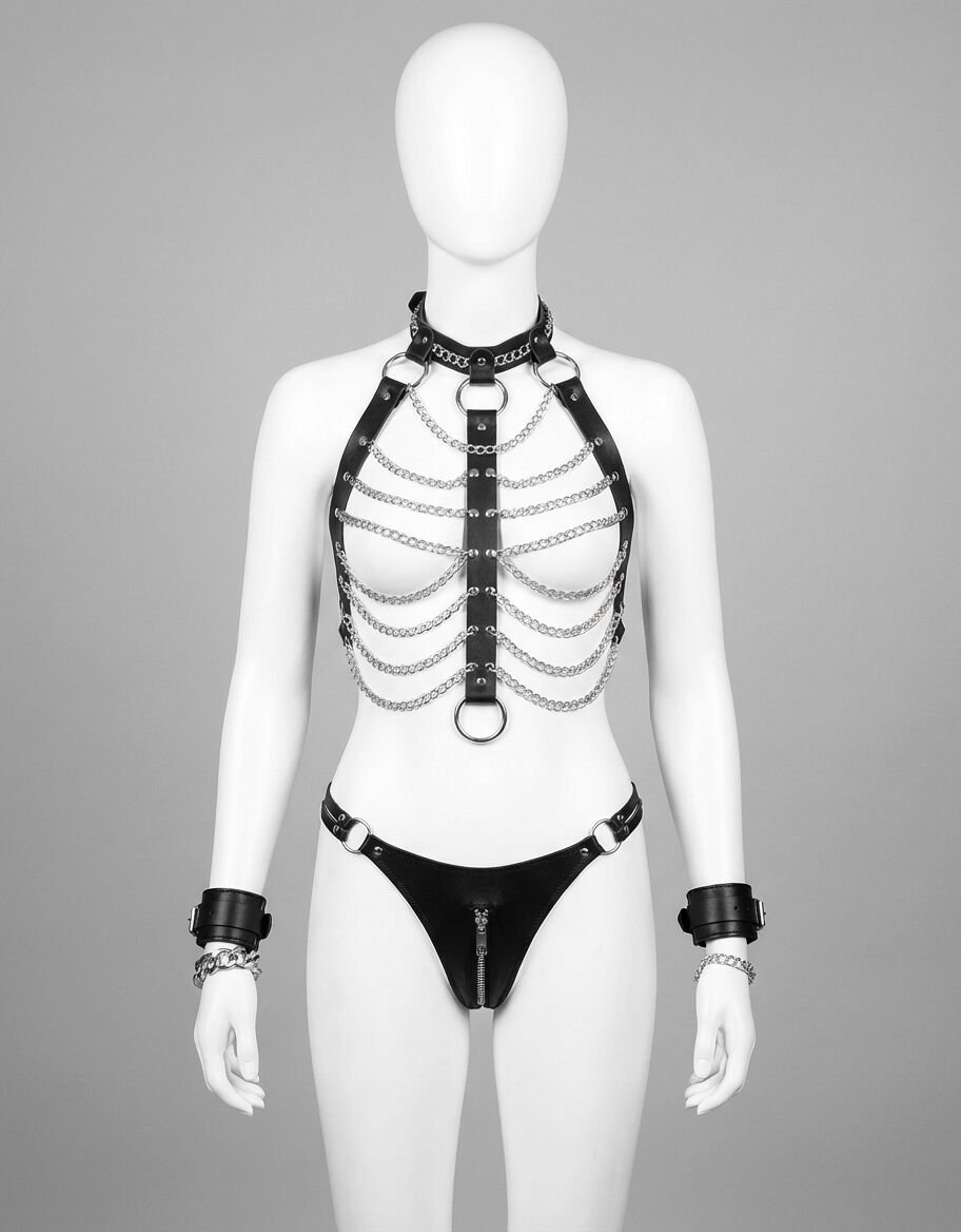 Zincir Detaylı Fantezi Deri Harness