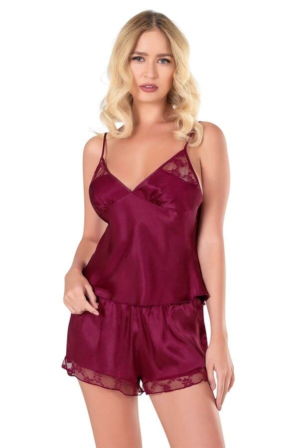 Arias Closet Bordo Saten Babydoll Şort Takımı