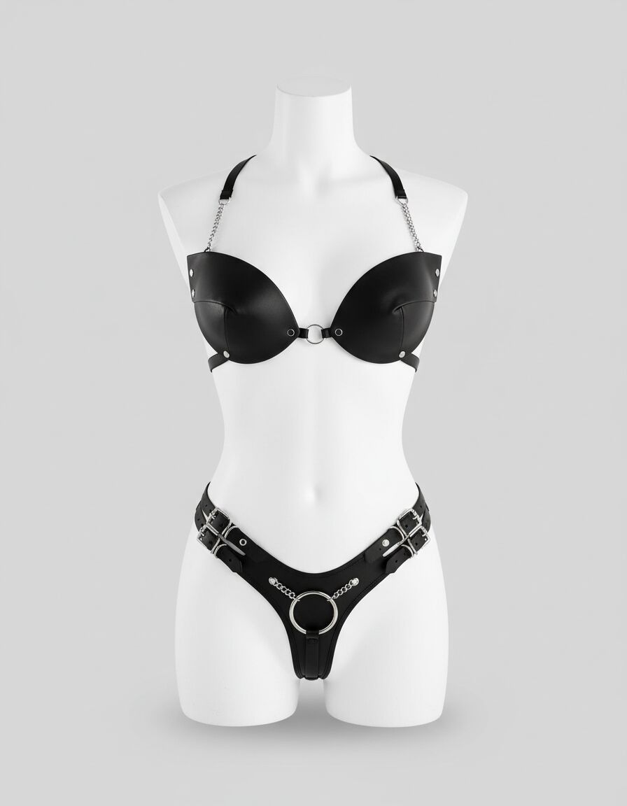 Arias Closet Siyah Deri Sütyen Külot Fantezi Harness