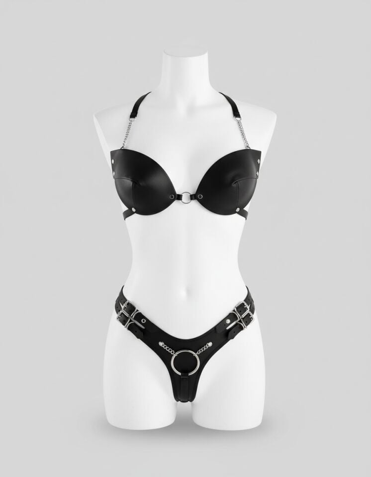 Arias Closet Siyah Deri Sütyen Külot Fantezi Harness