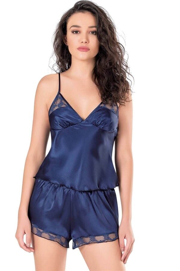 Arias Closet Lacivert Saten Babydoll Şort Takımı