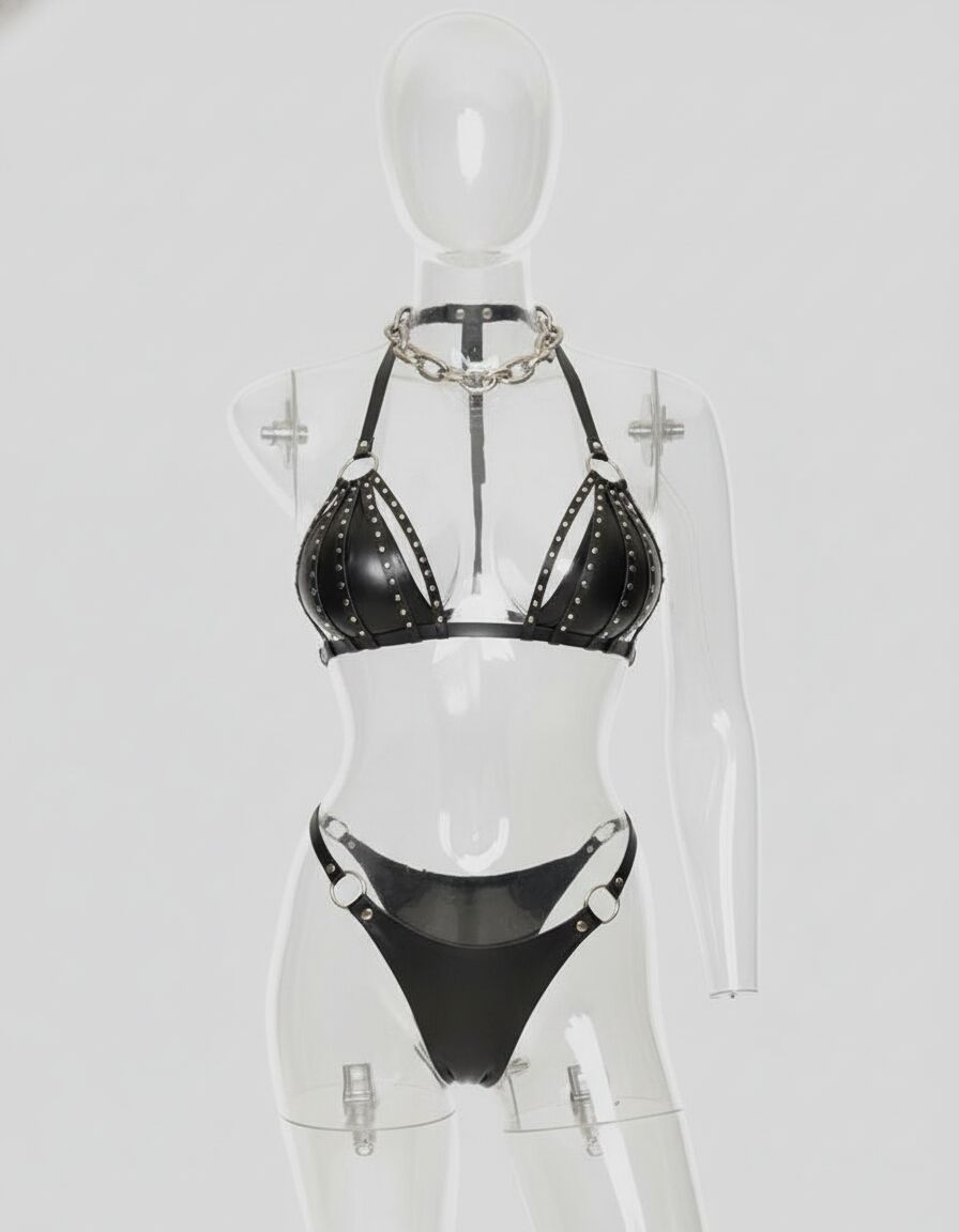 Arias Closet Siyah Deri Sütyen Külot Fantezi Harness Aksesuar