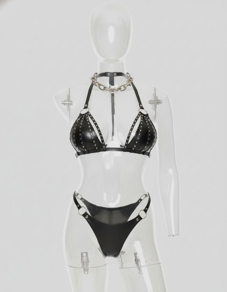 Arias Closet Siyah Deri Sütyen Külot Fantezi Harness Aksesuar