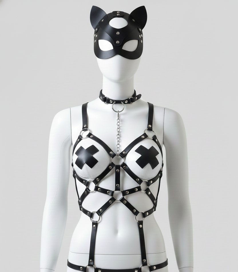 Siyah Deri Kedi Maskeli Tasmalı Fantezi  Vücut Aksesuarı