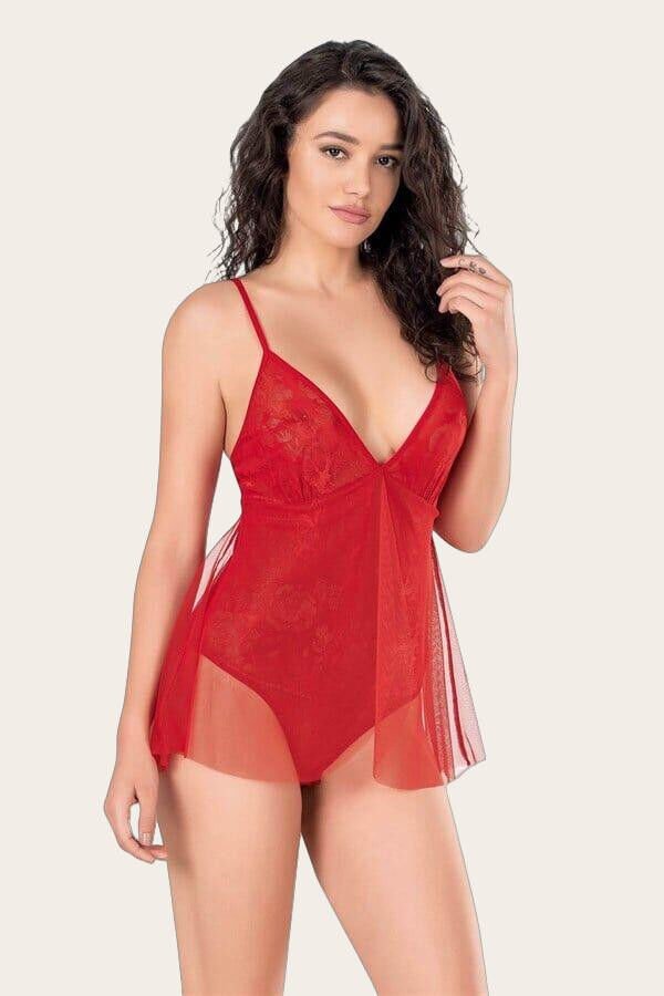 Arias Closet Kırmızı Jakarlı Bodysuit Gecelik