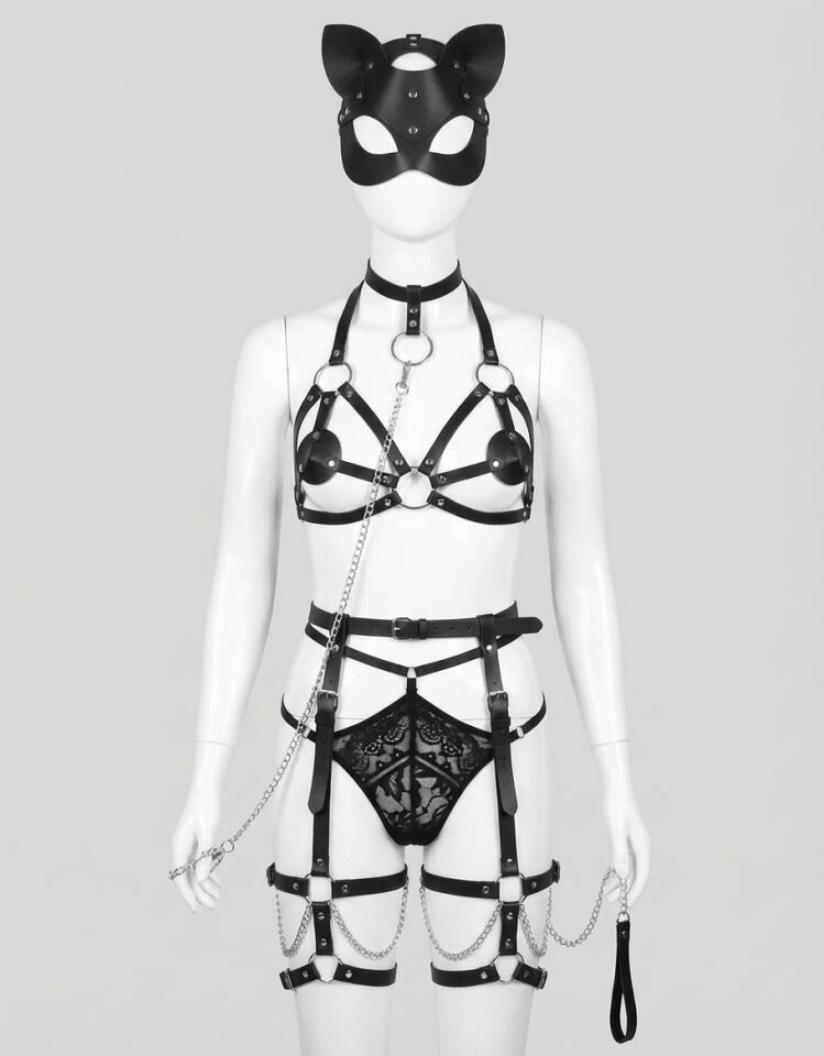 Kedi Maskeli Fantezi Deri Harness