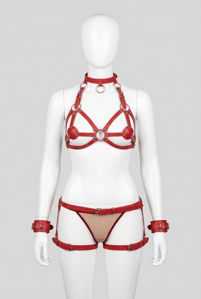 Kırmızı Kelepçeli Deri Sütyen Külot Fantezi Harness