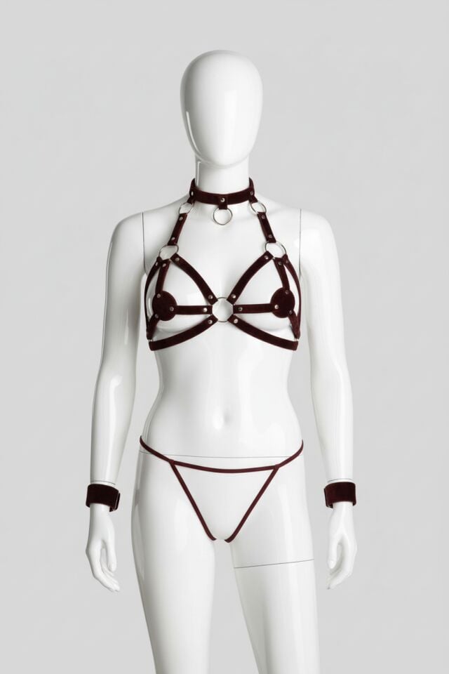 Arias Closet Siyah Kelepçeli Deri Sütyen Külot Fantezi Harness